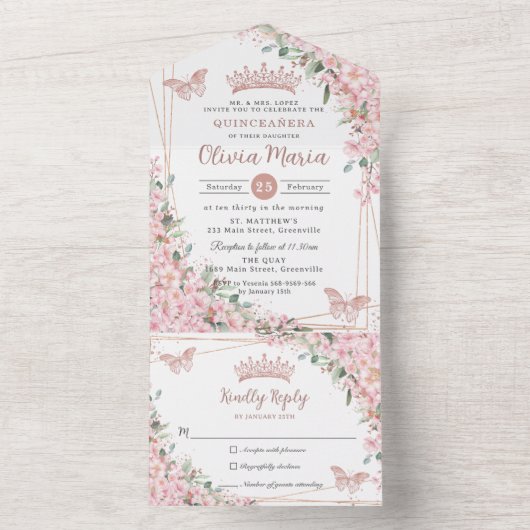 シックなピンクのさくらんぼバラ金ゴールドキンセアニラ オールインワン招待状 (内側)