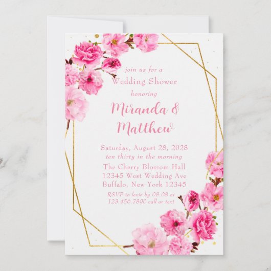 シックなピンクのさくらんぼブロッサムジオメトリックウェディングシャワー 招待状 (正面)