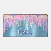 シックなピンクのアクアユニコーン滴下グリッターモノグラム デスクマット (正面)