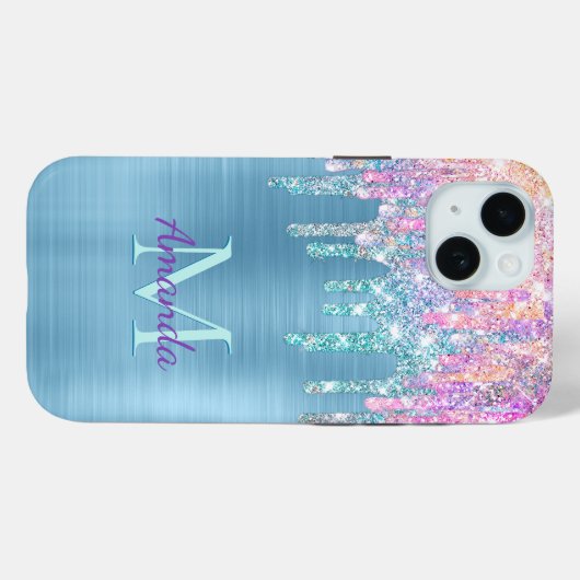 シックなピンクのアクアユニコーン滴下グリッターモノグラムC Case-Mate iPhoneケース (裏面 (横))