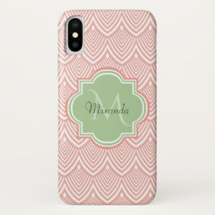 シックなピンクのアーチ型ホタテのソフトグリーンモノグラム名 iPhone X ケース