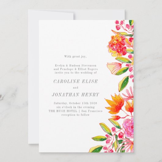 シックなピンクのオレンジ色の水の色のフォーマルフローラ結婚ズ 招待状 (正面)