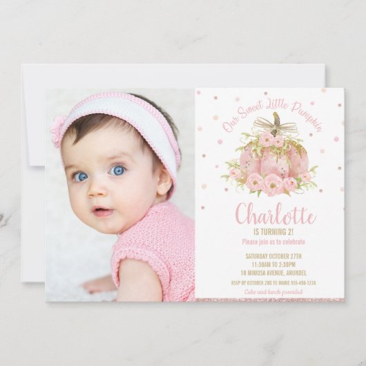 シックなピンクのカボチャ1st誕生日ガールフォト 招待状 (正面)
