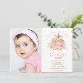 シックなピンクのカボチャ1st誕生日ガールフォト 招待状 (スタンド正面)