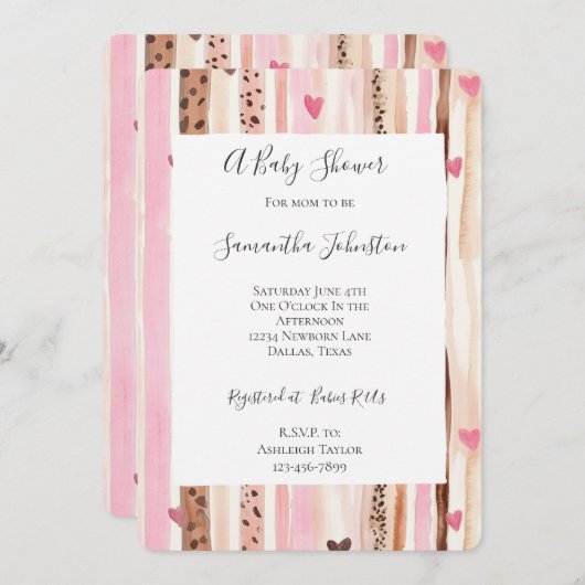 シックなピンクのクリームヒョウ動物ストライプの赤ちゃんシャワー 招待状 (正面/裏面)