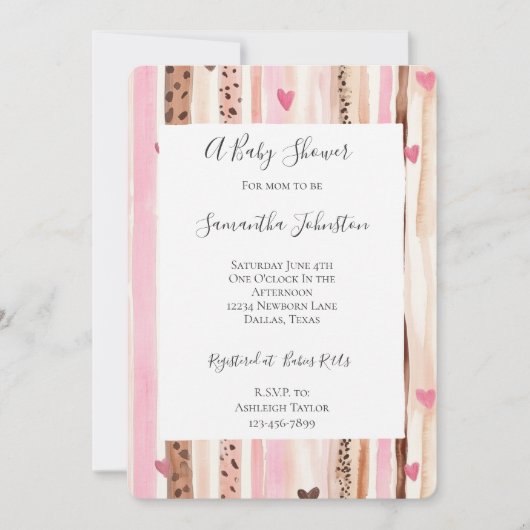 シックなピンクのクリームヒョウ動物ストライプの赤ちゃんシャワー 招待状 (正面)