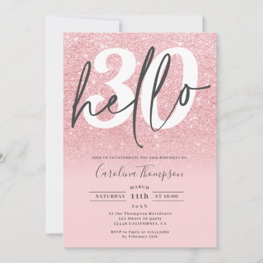 シックなピンクのグリッターグラデーショングラデーション写真こんにちは30 招待状 (正面)