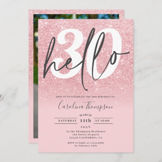 シックなピンクのグリッターグラデーショングラデーション写真こんにちは30 招待状 (正面/裏面)