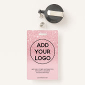 シックなピンクのグリッタースパークルロゴ従業員のフォトパス バッジ (裏面リトラクタブル付き)