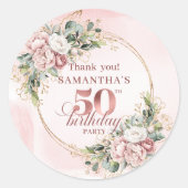 シックなピンクのグリーンを使った50歳の誕生日パーティーラベル ラウンドシール (正面)