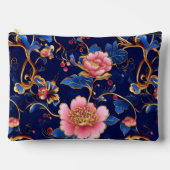 シックなピンクのコバルトブルーのフローラルパターン アクセサリーポーチ (正面)