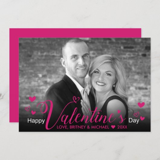 シックなピンクのスクリプトハートモダン白黒写真 (正面/裏面)