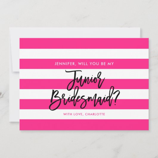 シックなピンクのストライプは私のジュニアの花嫁のメイドになる 招待状 (正面)