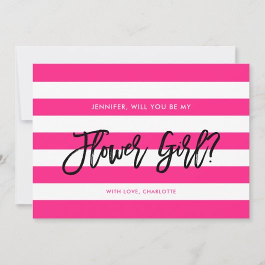 シックなピンクのストライプ白いが私の花の女の子 招待状 (正面)