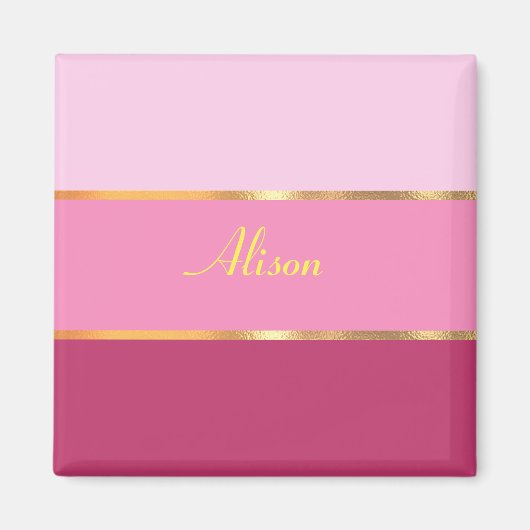 シックなピンクのストライプ金ゴールド名 マグネット (正面)