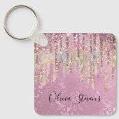 シックなピンクのダマスク滴下ユニコーングリッターモノグラム キーホルダー (正面)