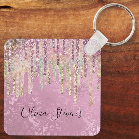 シックなピンクのダマスク滴下ユニコーングリッターモノグラム キーホルダー (裏面)