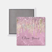 シックなピンクのダマスク滴下ユニコーングリッターモノグラム マグネット (正面/裏面)