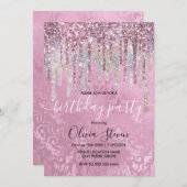 シックなピンクのダマスク滴下ユニコーングリッターモノグラム 招待状 (正面/裏面)