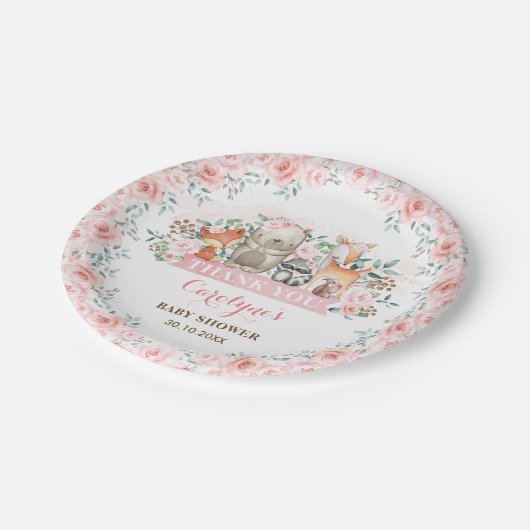 シックなピンクのバラの森林ベビーシャワーの女の子の誕生日 ペーパープレート (アングル)