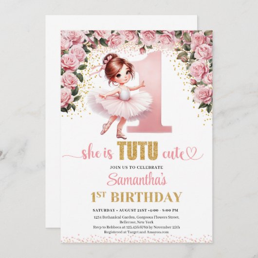 シックなピンクのバラ金ゴールドバレリーナガール1st誕生日 招待状 (正面/裏面)