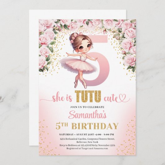 シックなピンクのバラ金ゴールドバレリーナ女の子5th誕生日 招待状 (正面/裏面)
