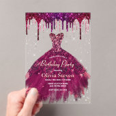 シックなピンクのバーガンディのガウングリッタードリップ誕生日 アクリル招待状 (インサイチュ (ポータブル))