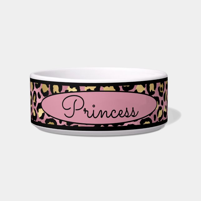 シックなピンクのヒョウの皮の模様ペット ボウル (正面)