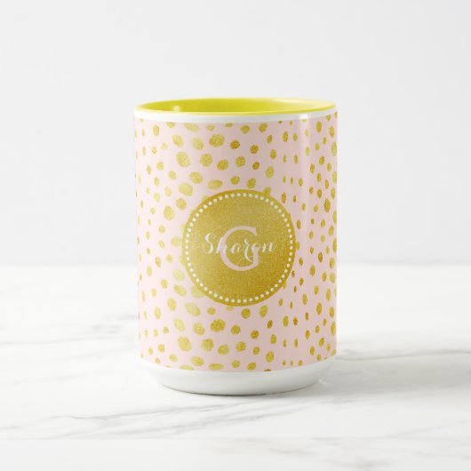 シックなピンクのフェイクな金ゴールドのグリッターのチータのプリントのモノグラム マグカップ (中央)