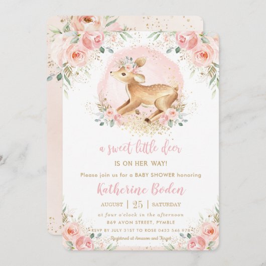 シックなピンクのフローラかわいい鹿の子鹿の子女の子の赤ちゃんシャワー 招待状 (正面/裏面)