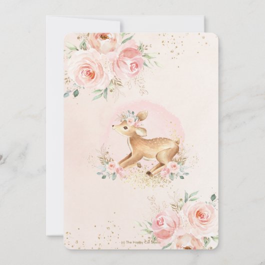 シックなピンクのフローラかわいい鹿の子鹿の子女の子の赤ちゃんシャワー 招待状 (裏面)