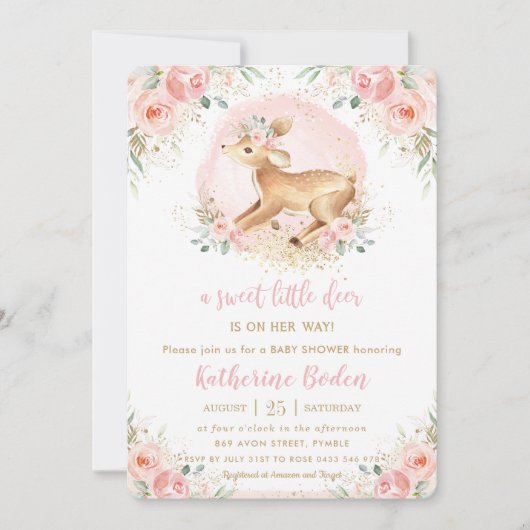シックなピンクのフローラかわいい鹿の子鹿の子女の子の赤ちゃんシャワー 招待状 (正面)