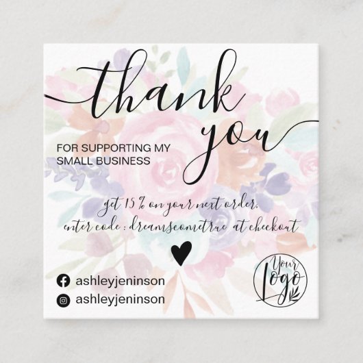 シックなピンクのフローラのガーリー水の色感謝していの注文 スクエア名刺 (正面)