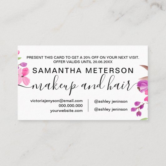 シックなピンクのフローラの水色の花束ギフト割引 割引カード (裏面)