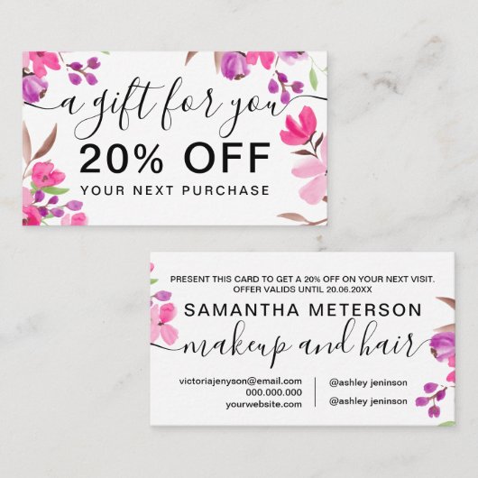 シックなピンクのフローラの水色の花束ギフト割引 割引カード (正面/裏面)