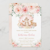 シックなピンクのフローラウッドランド動物ガールベビーシャワー 招待状 (正面/裏面)