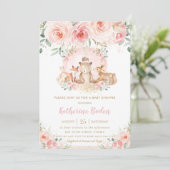 シックなピンクのフローラウッドランド動物ガールベビーシャワー 招待状 (スタンド正面)