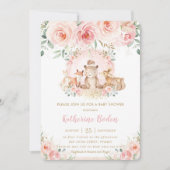 シックなピンクのフローラウッドランド動物ガールベビーシャワー 招待状 (正面)