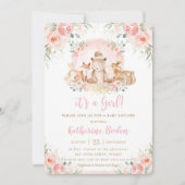 シックなピンクのフローラウッドランド動物ガールベビーシャワー 招待状 (正面)