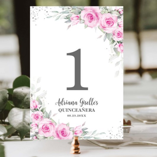 シックなピンクのフローラシルバーキンセアニラXV Sweet 16 テーブルナンバー