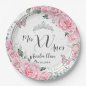 シックなピンクのフローラシルバー蝶キンチェニェラXV ペーパープレート (正面)