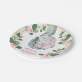 シックなピンクのフローラゾウ赤ちゃんシャワーガール ペーパープレート (アングル)