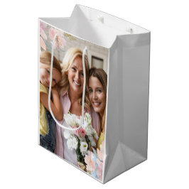 シックなピンクのフローラフォトマザーズデイ祖母 ミディアムペーパーバッグ