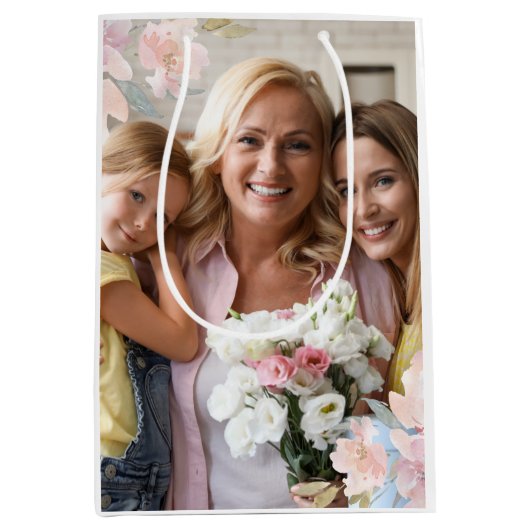 シックなピンクのフローラフォトマザーズデイ祖母 ミディアムペーパーバッグ (正面)