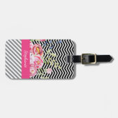 シックなピンクのフローラブラックとホワイトのシェブロンと名前 ラゲッジタグ (正面横)