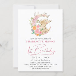 シックなピンクのフローラムーンガールエレファント1st誕生日 招待状