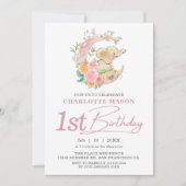 シックなピンクのフローラムーンガールエレファント1st誕生日 招待状 (正面)