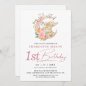 シックなピンクのフローラムーンガールエレファント1st誕生日 招待状 (正面/裏面)