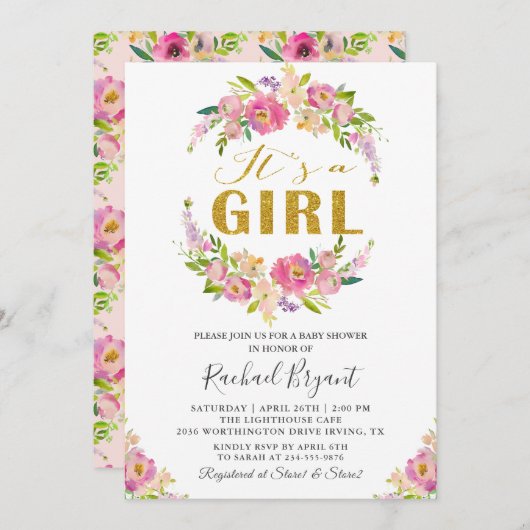シックなピンクのフローラ女の子の赤ちゃんシャワー 招待状 (正面/裏面)