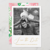 シックなピンクのフローラ書道の写真の保存日付 セーブザデート (正面/裏面)